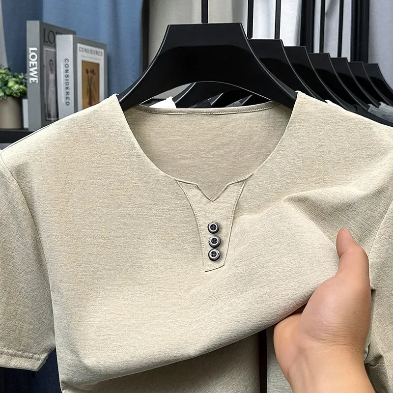 2025 New Men's Business Casual Three Button V-neck Short Sleeved T-shirt Korean Style Summer Comfortable Versatile Top - Image 6