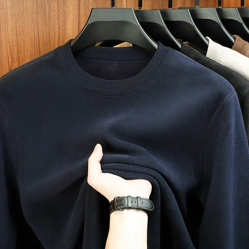 Autumn and Winter Men's Velvet Hoodie Long Sleeve Round Neck Solid Color Fashion Casual Versatile Top - Image 6