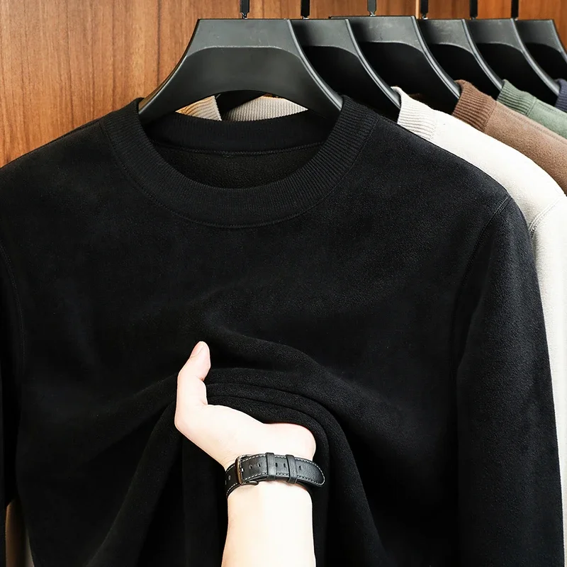 Autumn and Winter Men's Velvet Hoodie Long Sleeve Round Neck Solid Color Fashion Casual Versatile Top - Image 3