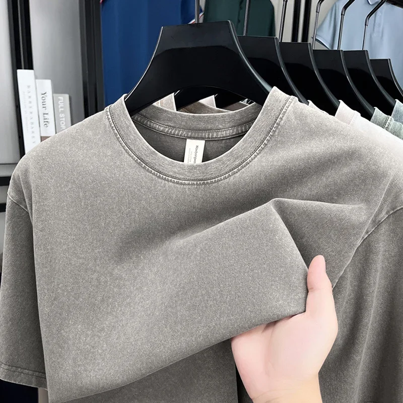 American Style Retro Heavyweight Solid Color Short Sleeved T-shirt Men Women Summer Street Trendy Washed Old Oversized Clothes - Image 2