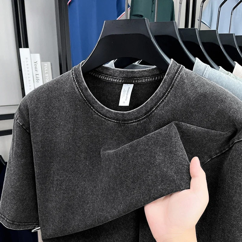 American Style Retro Heavyweight Solid Color Short Sleeved T-shirt Men Women Summer Street Trendy Washed Old Oversized Clothes - Image 3