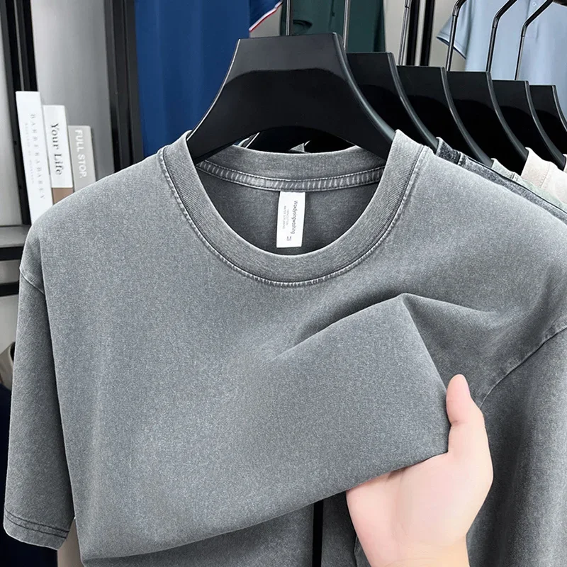 American Style Retro Heavyweight Solid Color Short Sleeved T-shirt Men Women Summer Street Trendy Washed Old Oversized Clothes - Image 6