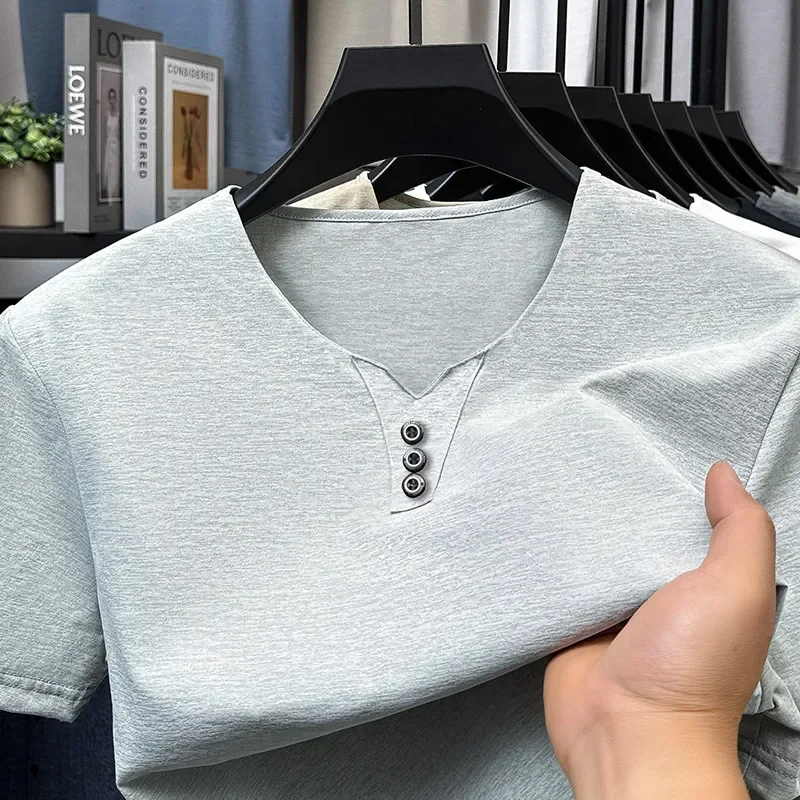 2025 New Men's Business Casual Three Button V-neck Short Sleeved T-shirt Korean Style Summer Comfortable Versatile Top - Image 3