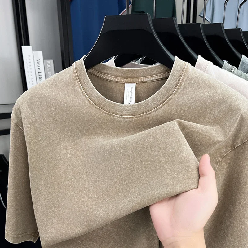 American Style Retro Heavyweight Solid Color Short Sleeved T-shirt Men Women Summer Street Trendy Washed Old Oversized Clothes - Image 4